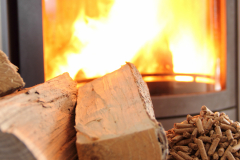 a woodburning stove with wood and pellets