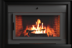Burning fire in an energy stove fireplace radiates heat, warm modern home interior, 3d illustration